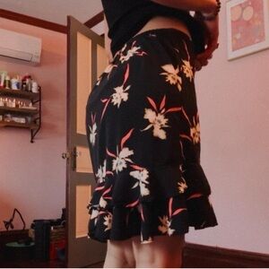 Floral Black Skirt with Ruffle Hem